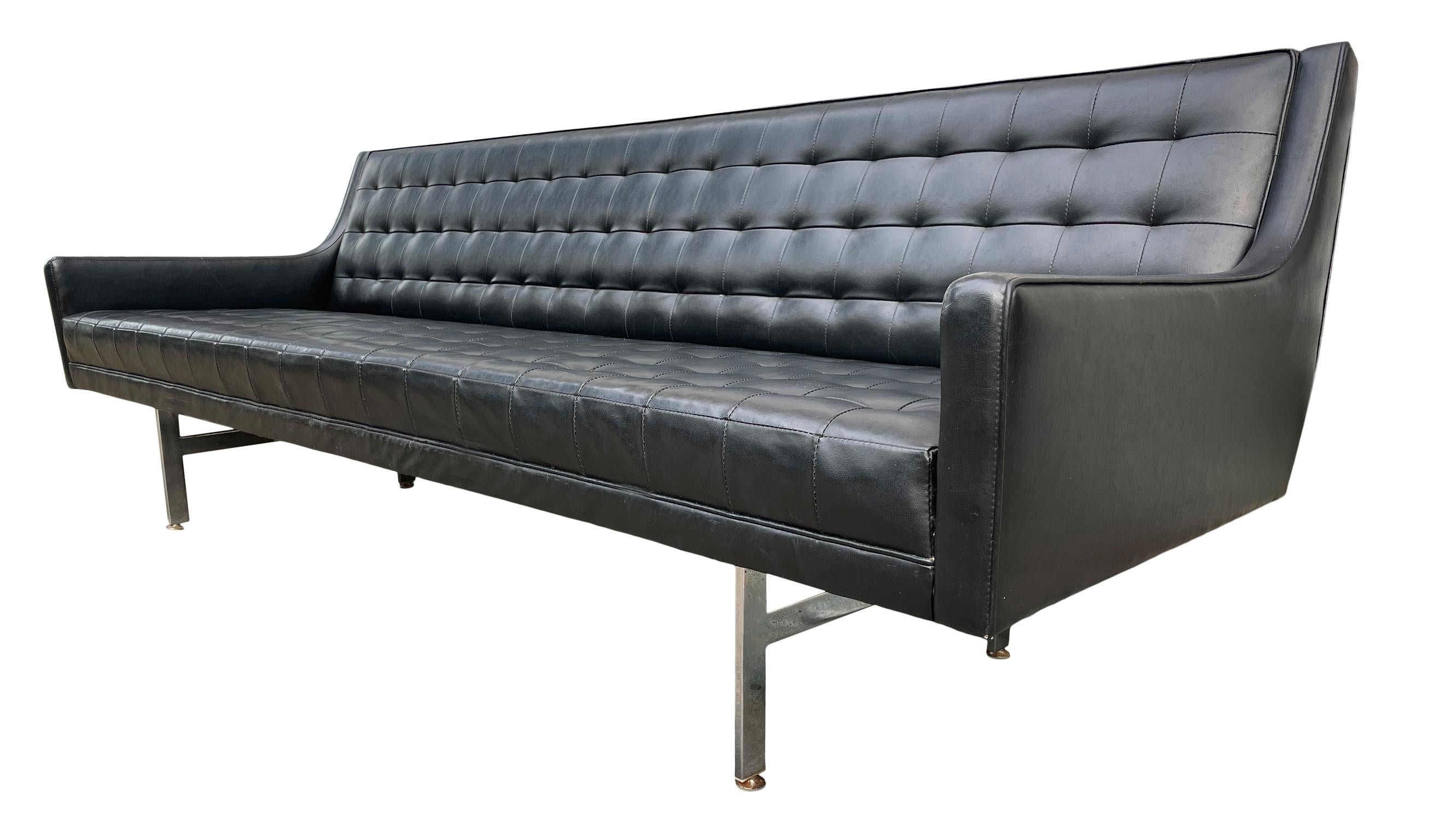 Mid-20th Century Mid Century Black Faux Leather Vinyl Tufted Long Low Sofa by Patrician
