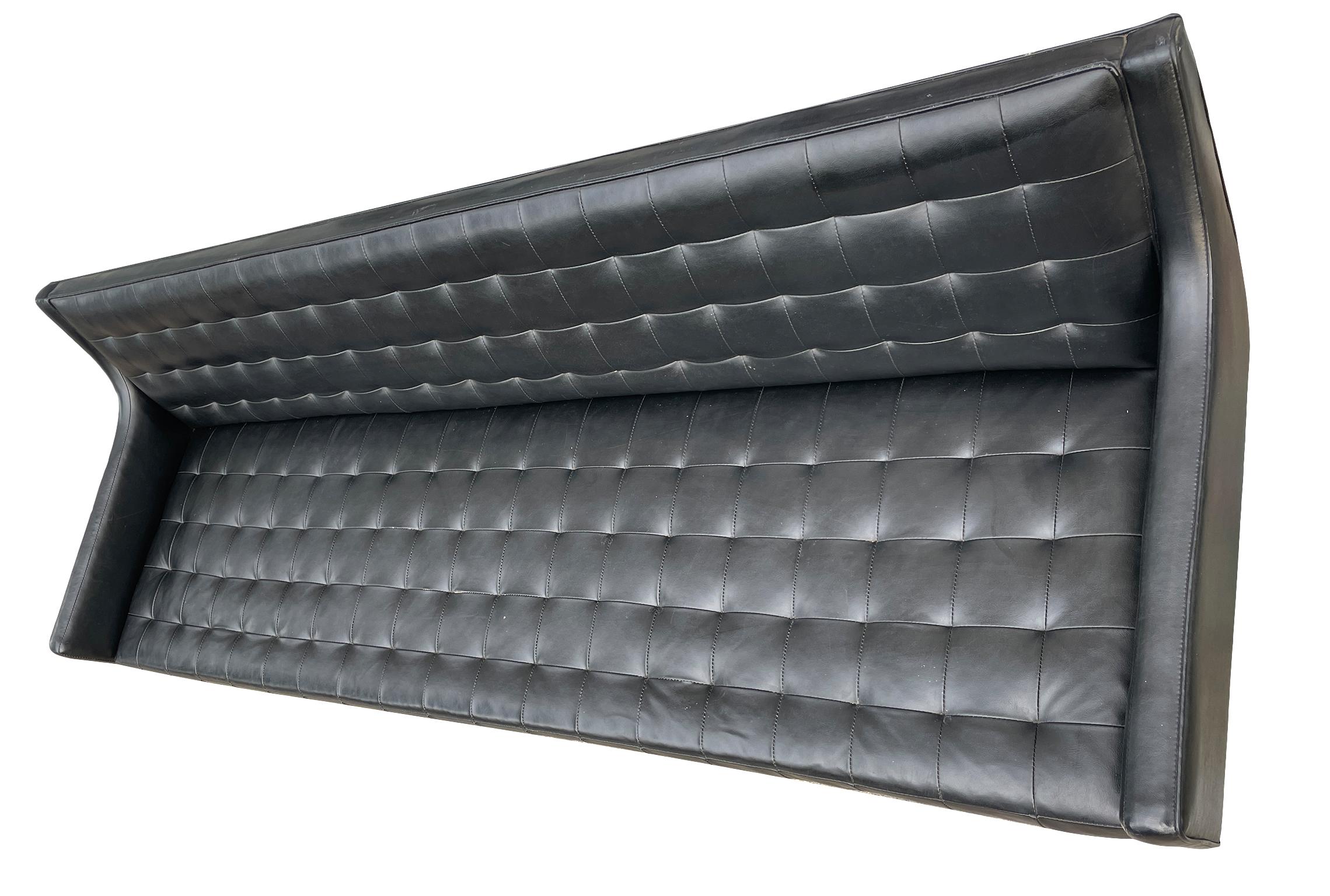 Mid Century Black Faux Leather Vinyl Tufted Long Low Sofa by Patrician 2