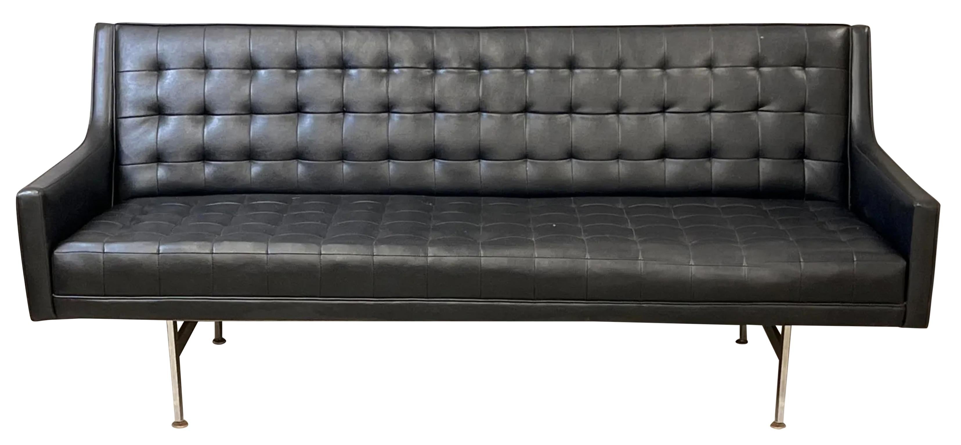 Mid Century Black Faux Leather Vinyl Tufted Long Low Sofa by Patrician 2