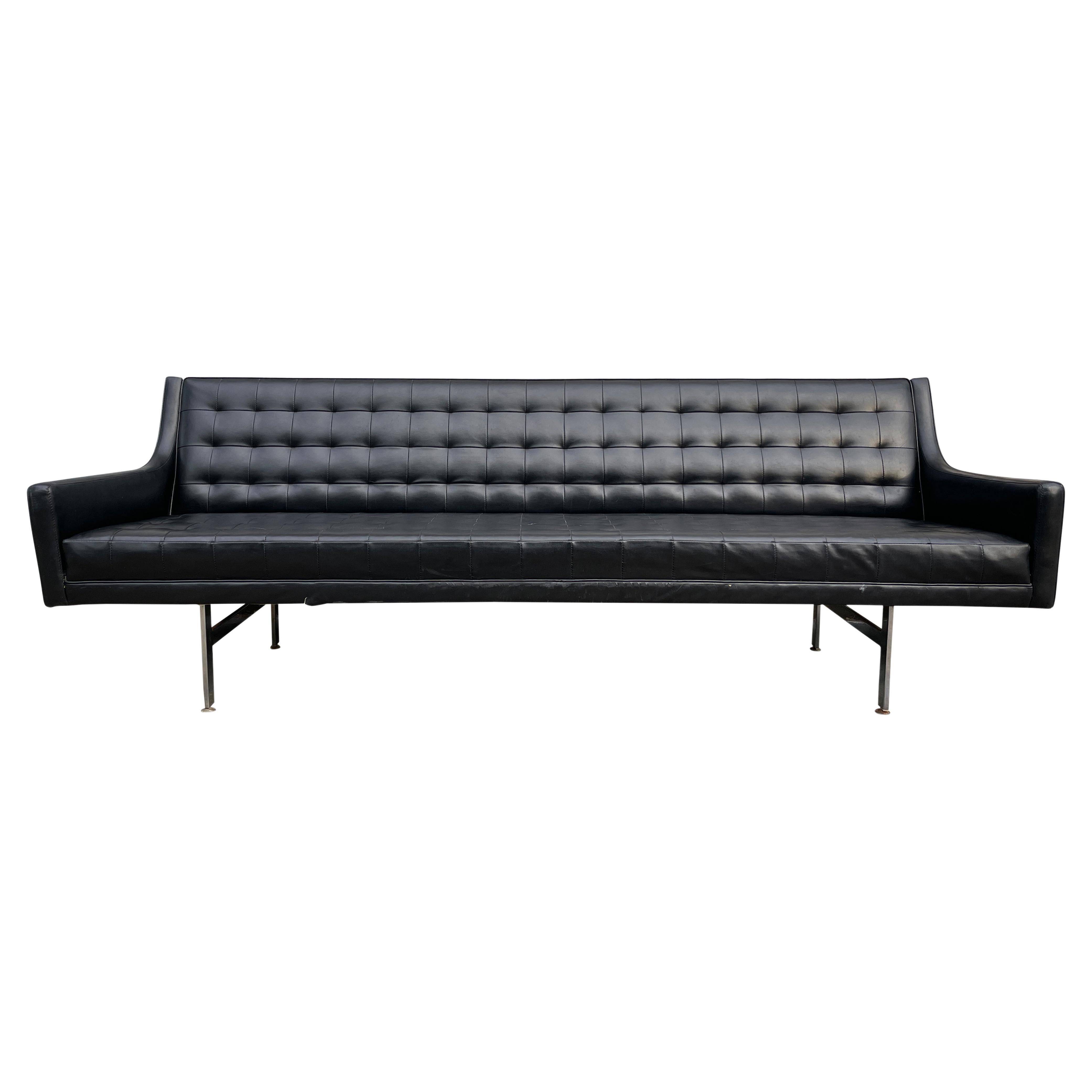 Mid Century Black Faux Leather Vinyl Tufted Long Low Sofa by Patrician