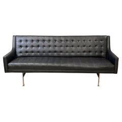 Mid Century Black Faux Leather Vinyl Tufted Long Low Sofa by Patrician