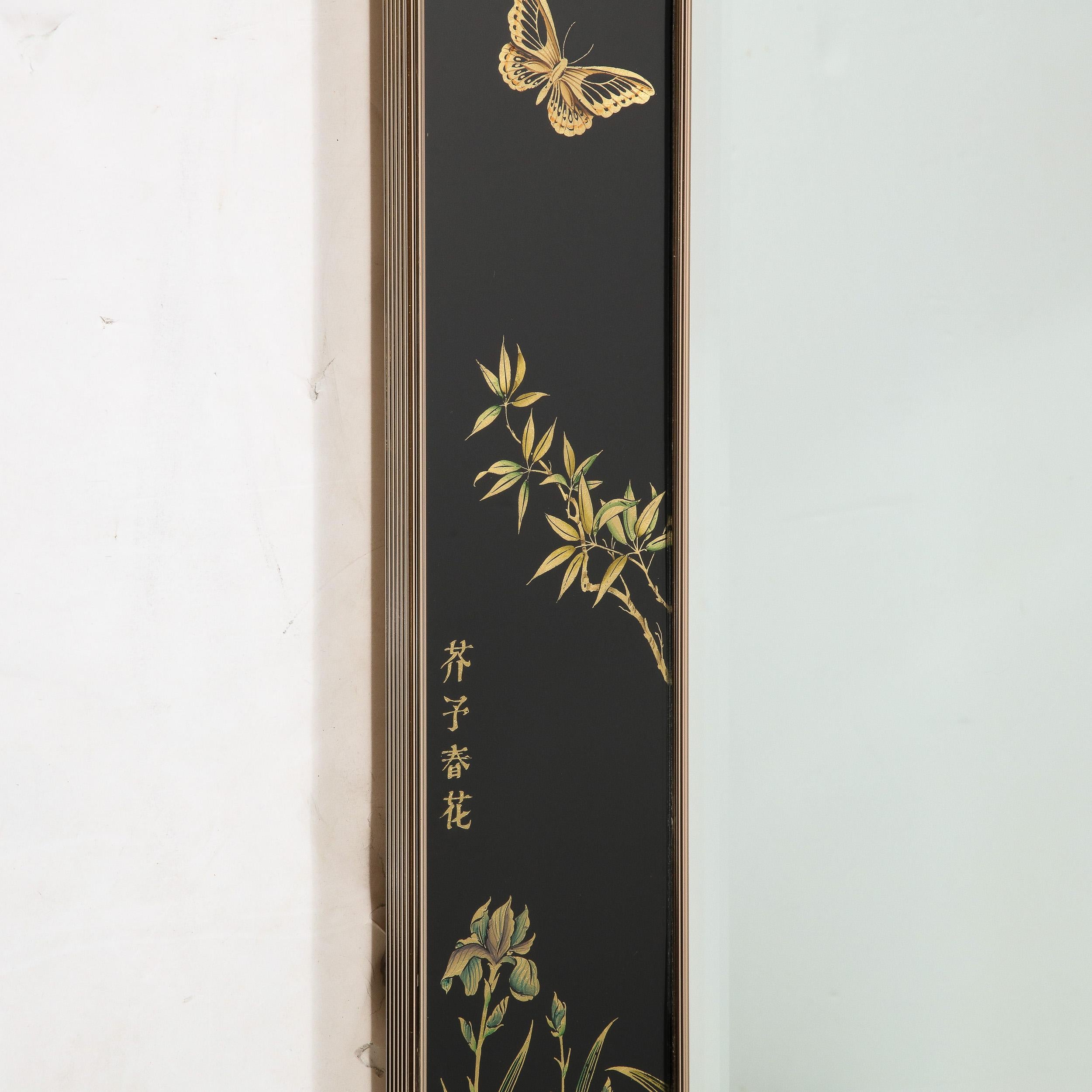 Mid-Century Black Glass w/ Chinoiserie Framed Mirror Signed VanDyke for LaBarge For Sale 3