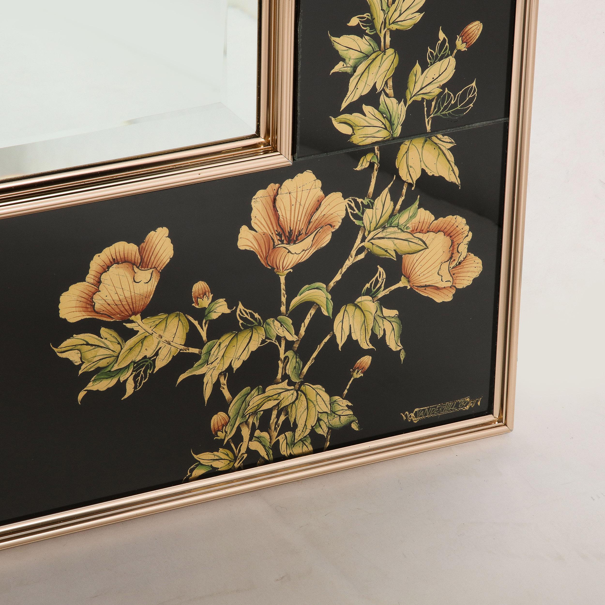 Mid-Century Black Glass w/ Chinoiserie Framed Mirror Signed VanDyke for LaBarge For Sale 4