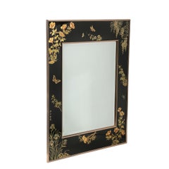 Mid-Century Black Glass w/ Chinoiserie Framed Mirror Signed VanDyke for LaBarge