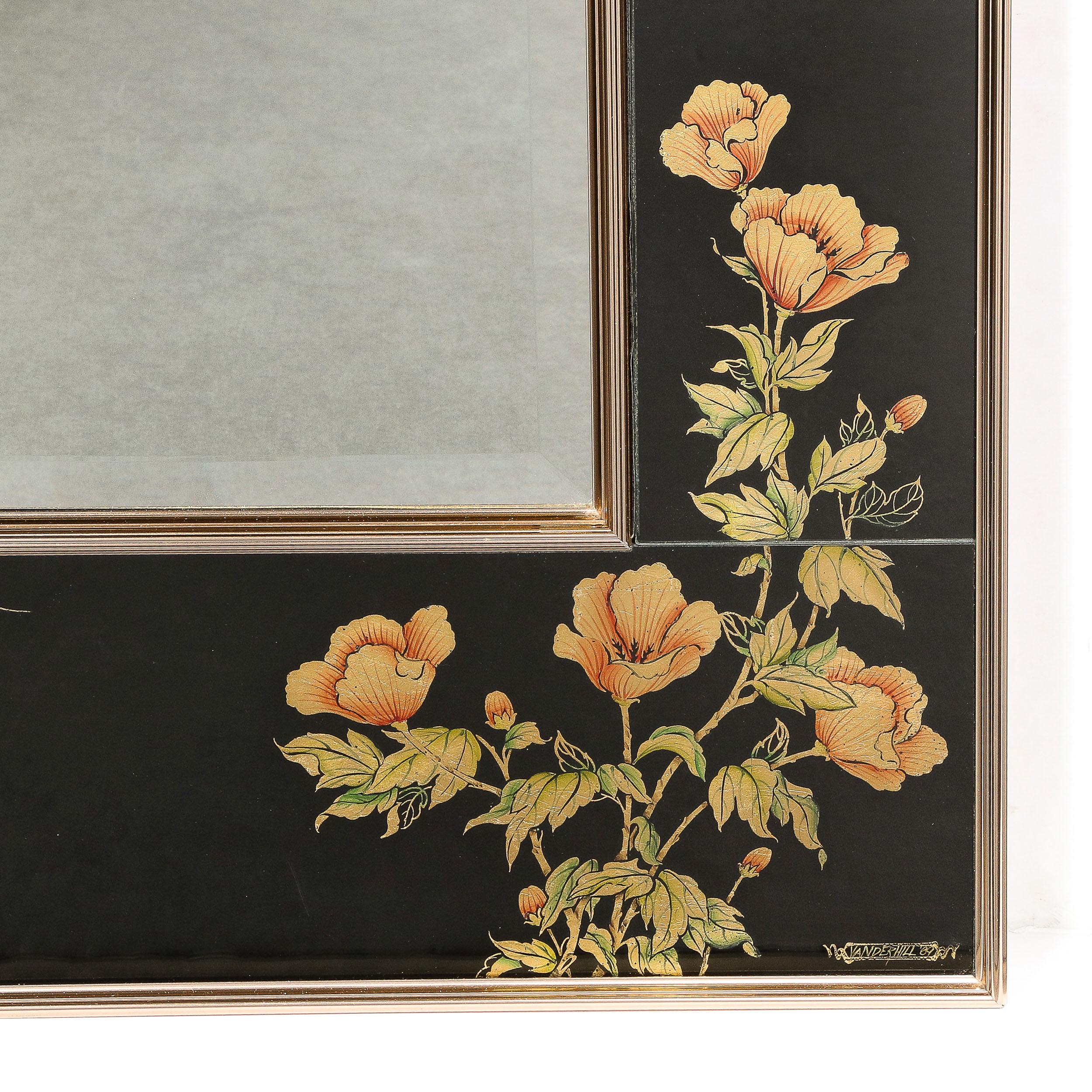 Mid-Century Modern Mid-Century Black Glass w/ Chinoiserie Framed Mirror Signed VanDyke for LaBarge For Sale