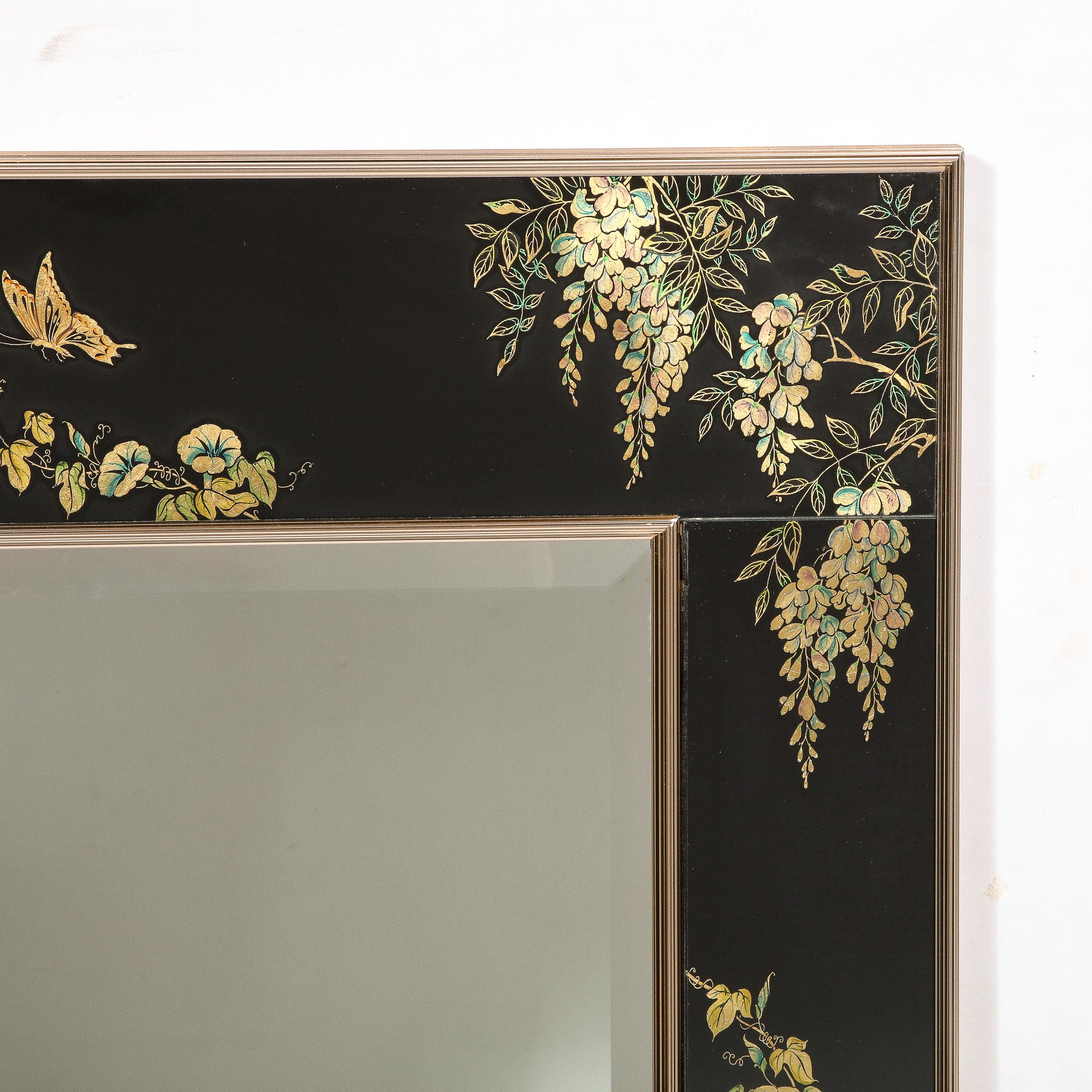 Mid-Century Black Glass w/ Chinoiserie Framed Mirror Signed VanDyke for LaBarge In Excellent Condition For Sale In New York, NY