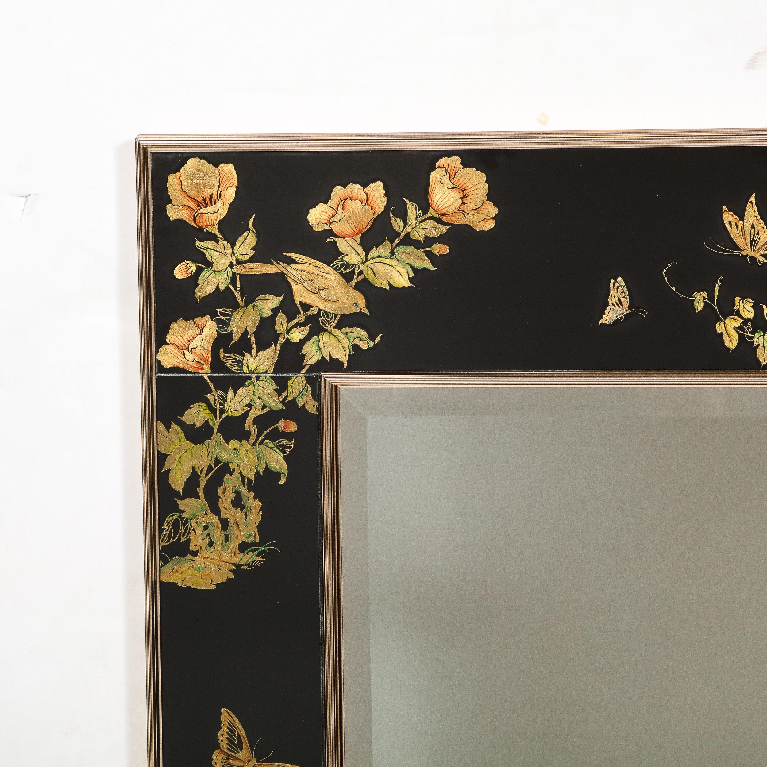 Late 20th Century Mid-Century Black Glass w/ Chinoiserie Framed Mirror Signed VanDyke for LaBarge For Sale