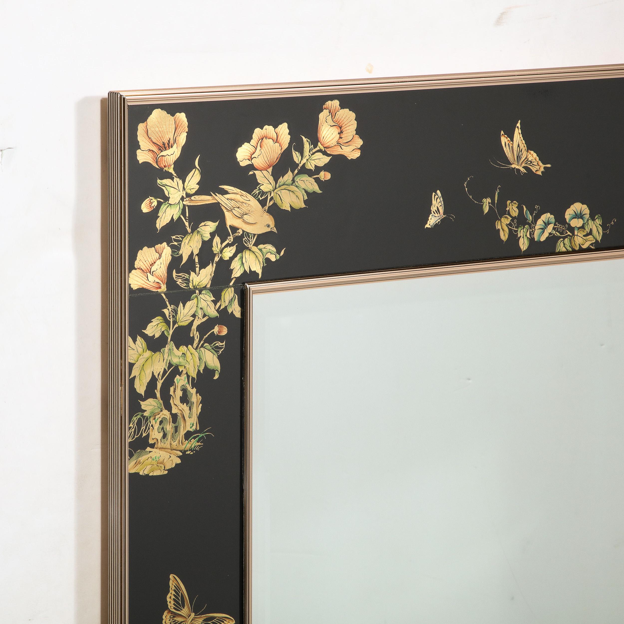 Mid-Century Black Glass w/ Chinoiserie Framed Mirror Signed VanDyke for LaBarge For Sale 2