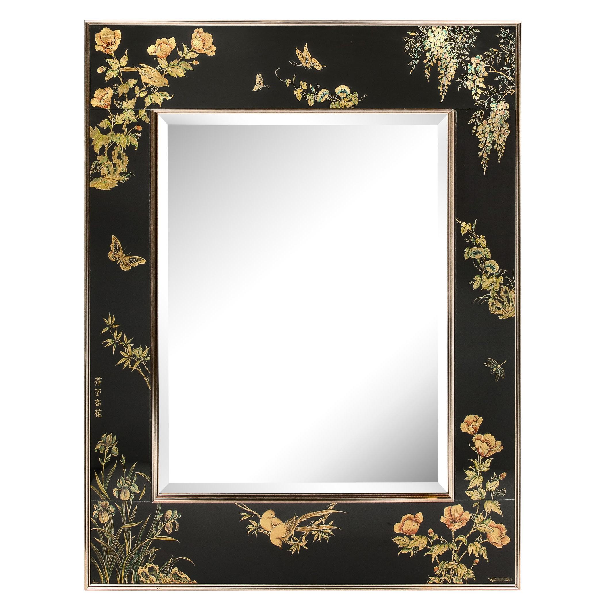 Mid-Century Black Glass w/ Chinoiserie Framed Mirror Signed VanDyke for LaBarge For Sale