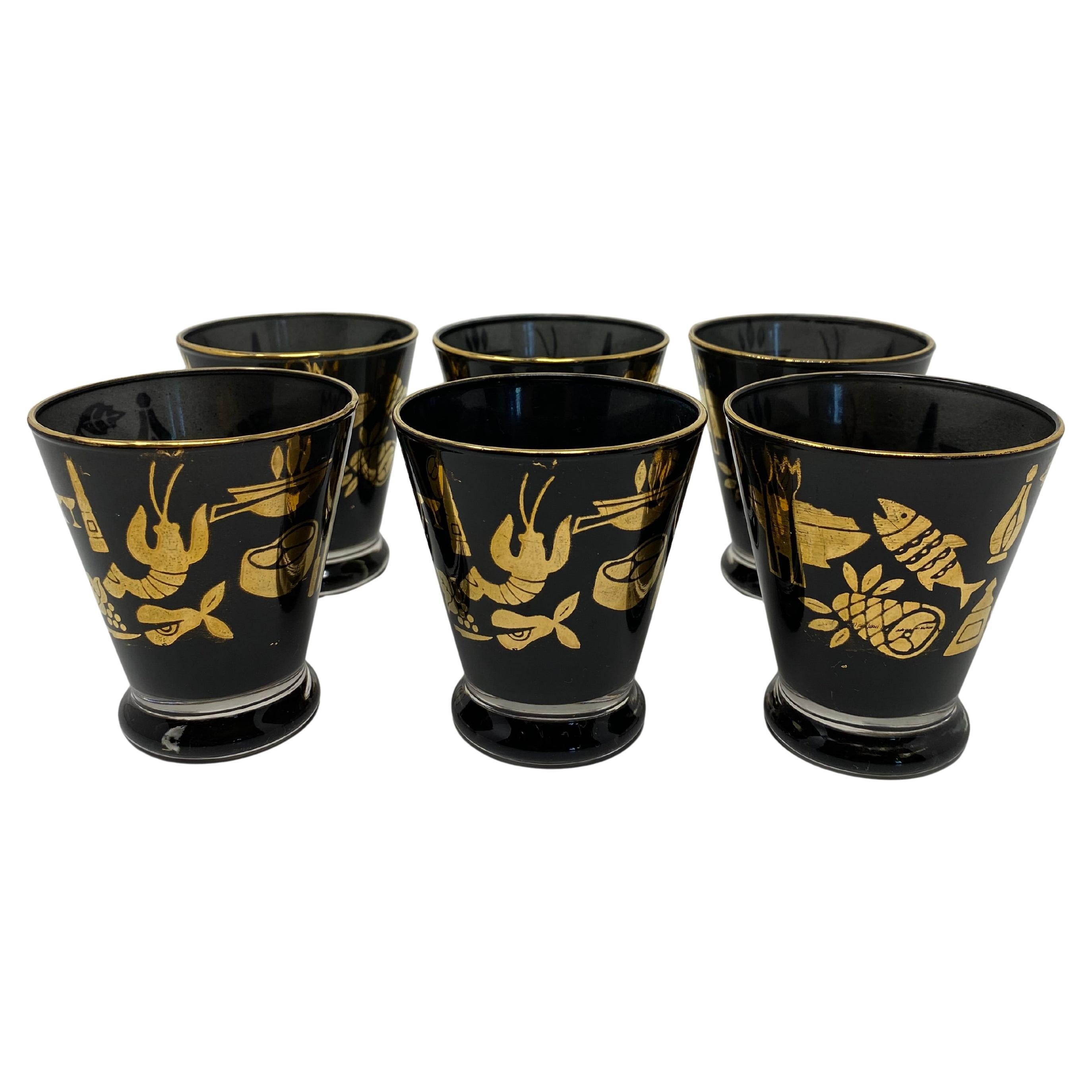 Verres à apéritif Mid Century Black 
Gold MCM Feast (lot de 6) par Libby en vente