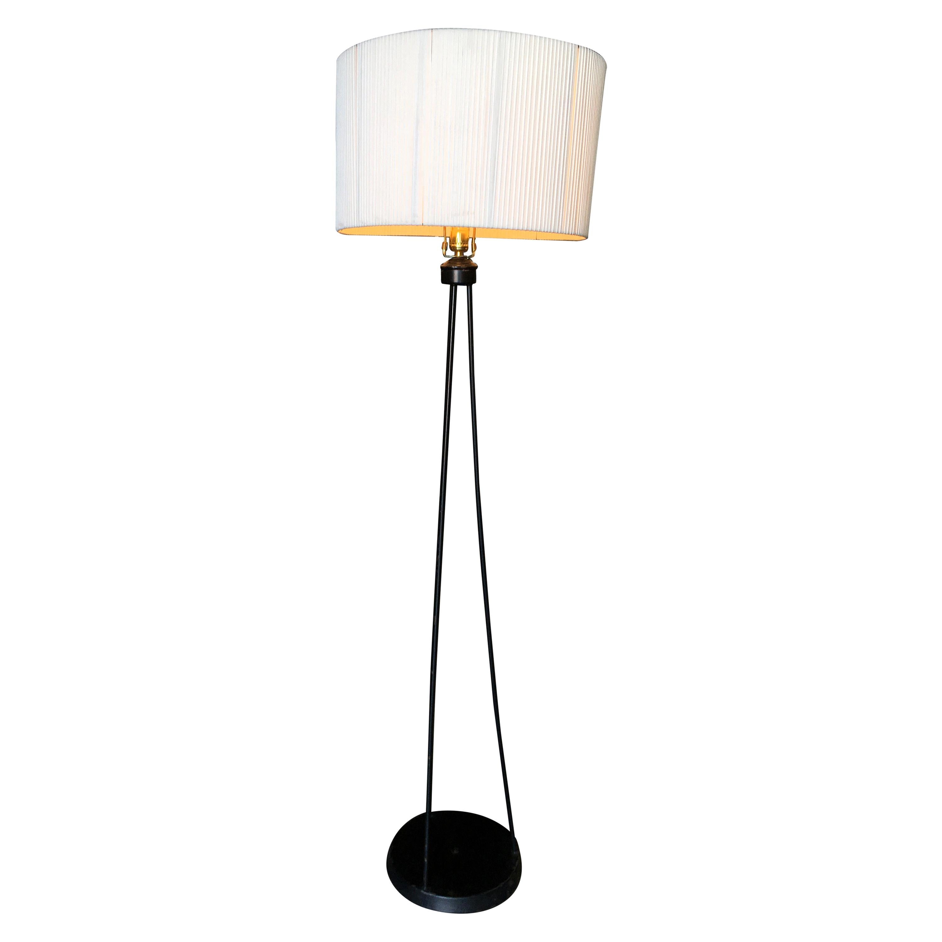 Midcentury Black Iron Rod Tripod Floor Lamp For Sale