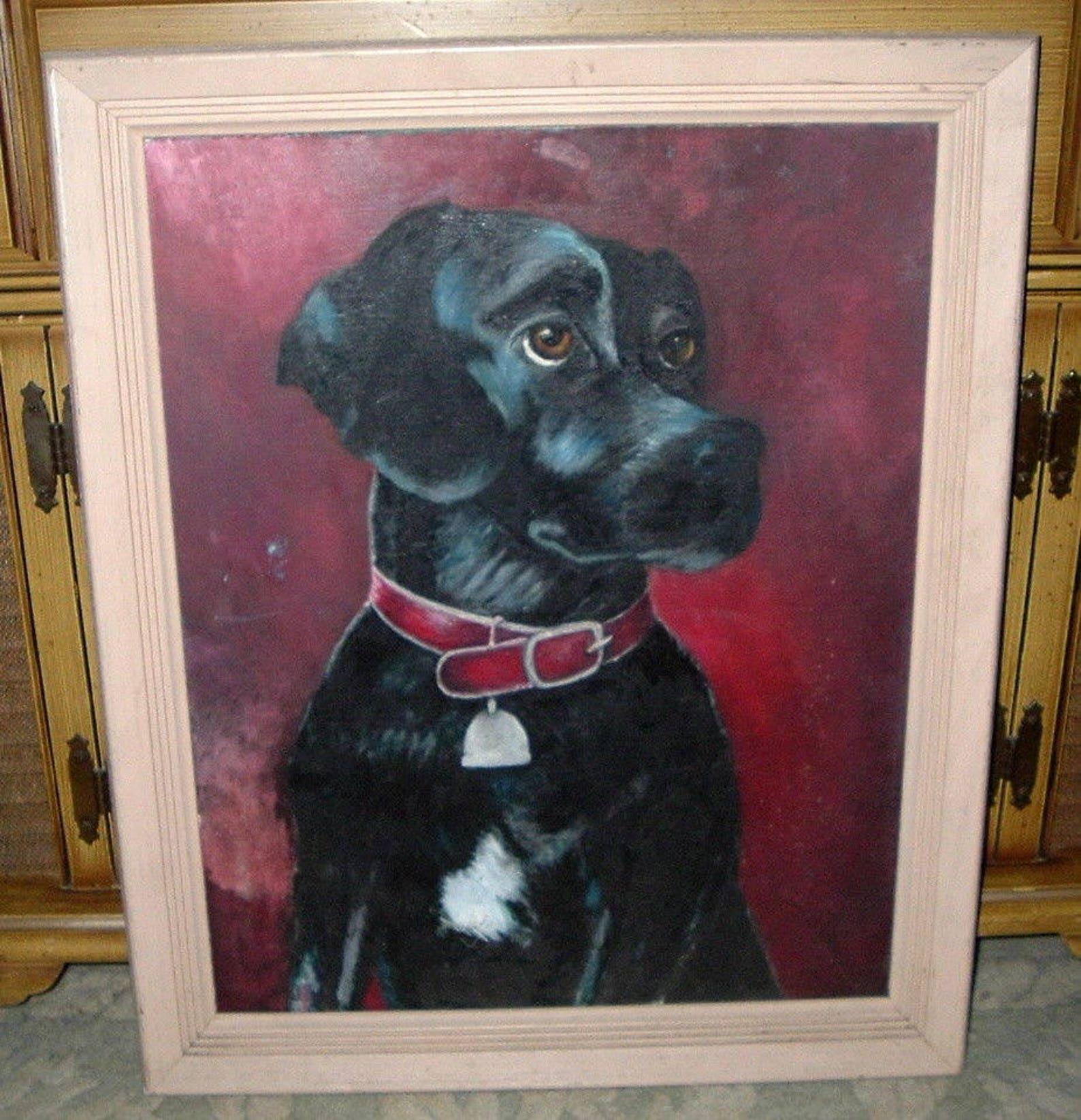 This mid century painting of a black labrador is such a great kitsch pet portrait.
The vintage oil dog portrait is dated 1959 canvas on board, and is signed.

 