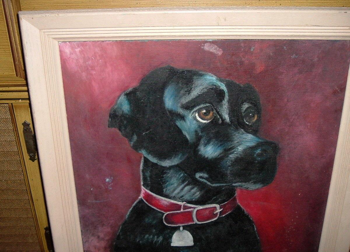Mid-Century Modern Peinture de portrait de chien labrador noir du milieu du siècle dernier en vente