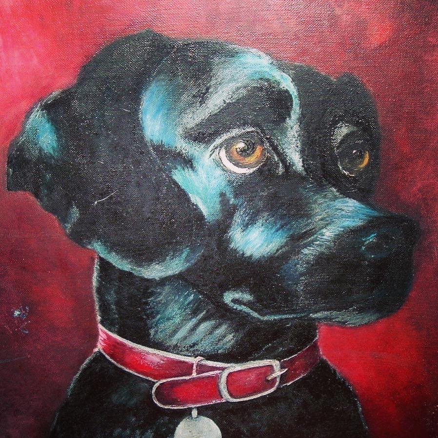 Mid-Century Modern Black Labrador Dog Painting Pet Portrait Mid Century For Sale