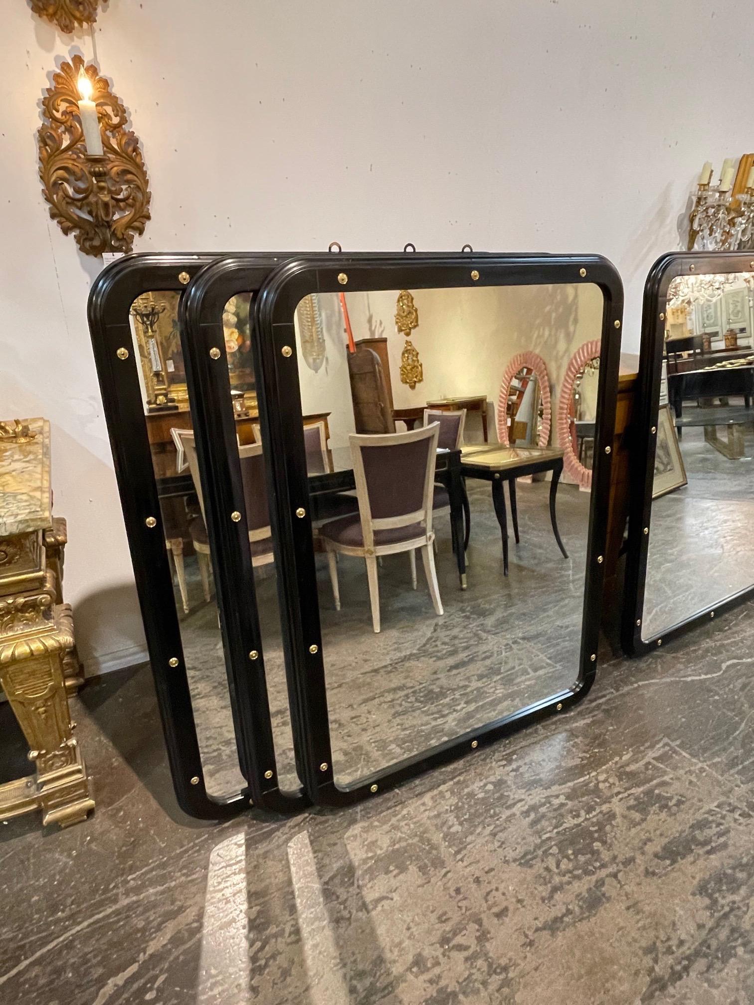 Mid Century Black Lacquered and Brass Mirror In Good Condition In Dallas, TX