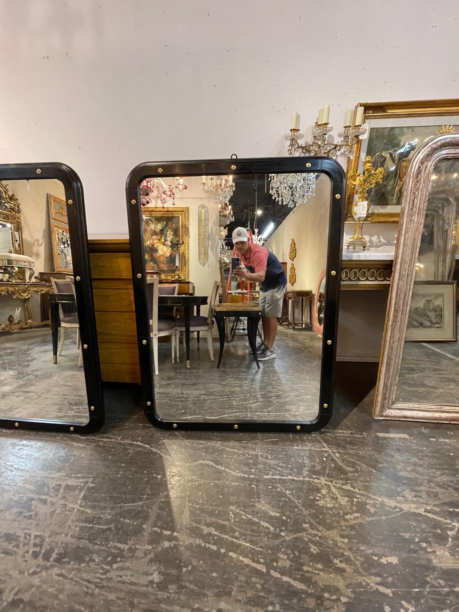 20th Century Mid Century Black Lacquered and Brass Mirror