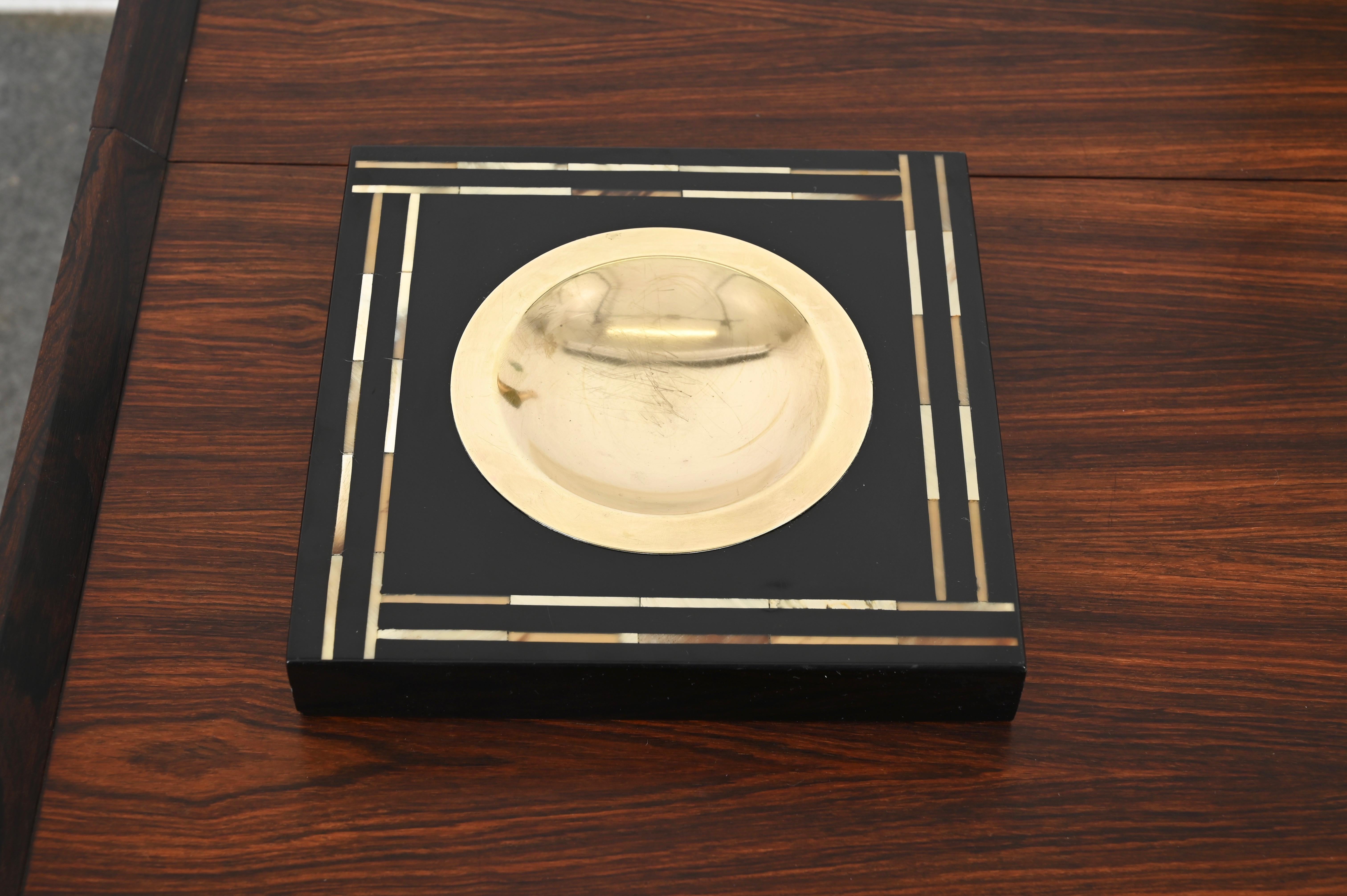 French Mid-Century Black Lacquer and Brass Vide-Poche or Ashtray, Italy, Dior 1970s For Sale