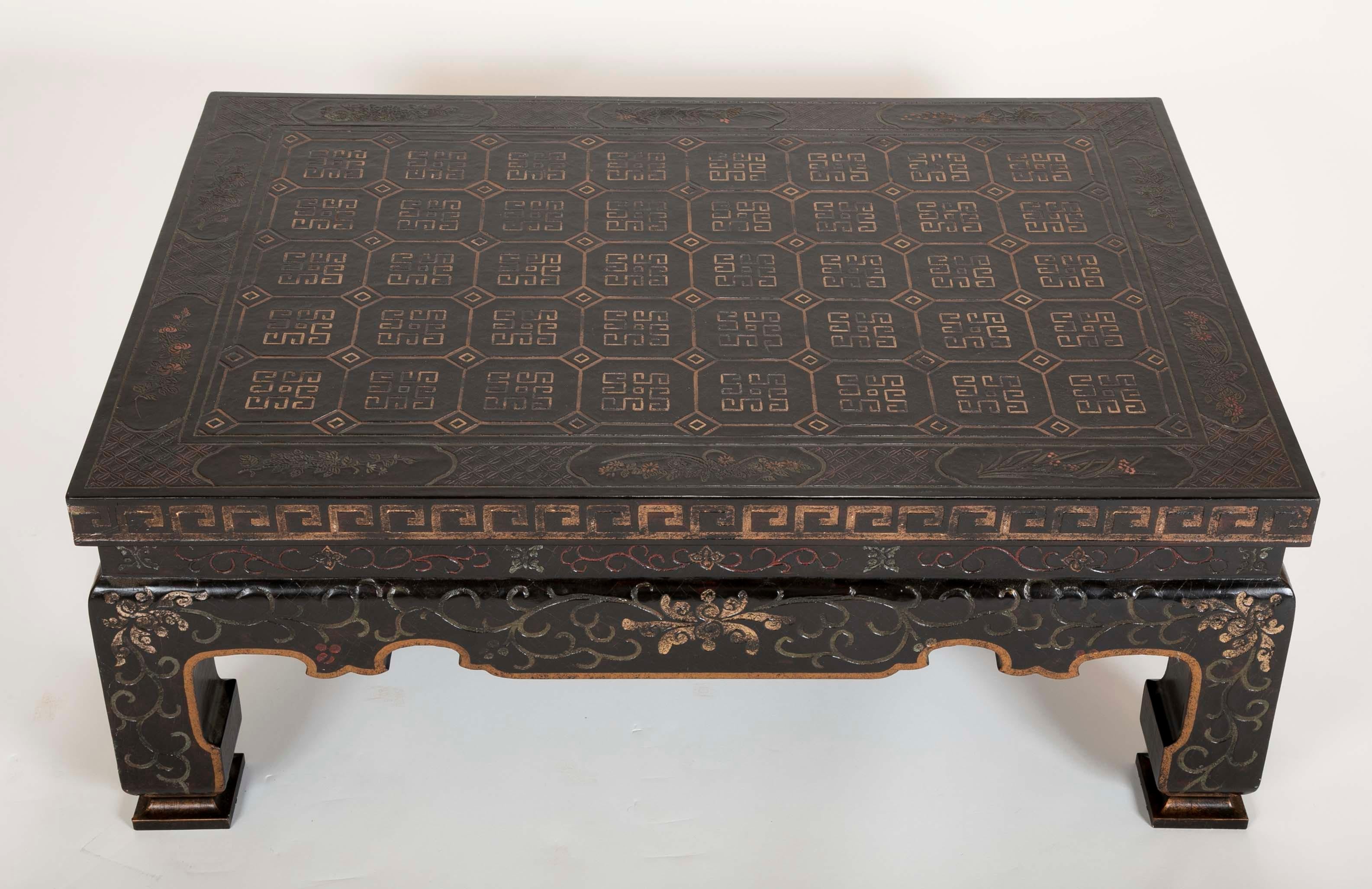 Midcentury Black Lacquer and Gilt Coffee Table with Chinoiserie Decoration 2
