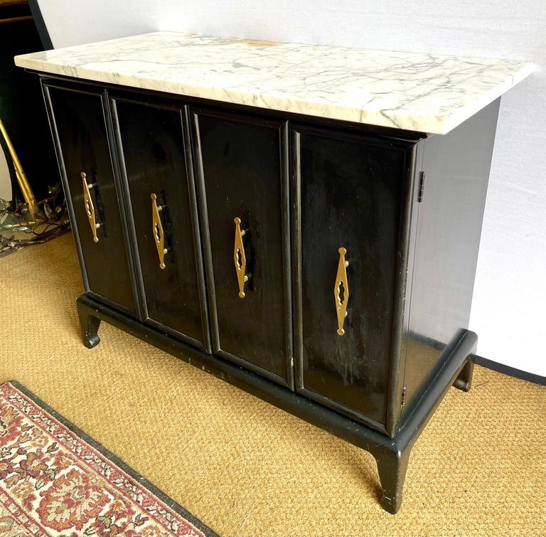Mid Century Black Lacquer and Marble Top Credenza Bar Buffet