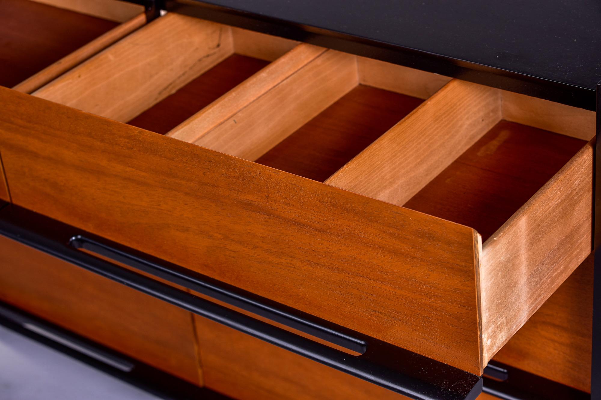 Walnut Mid Century Black Lacquer and Wood Chest of Drawers