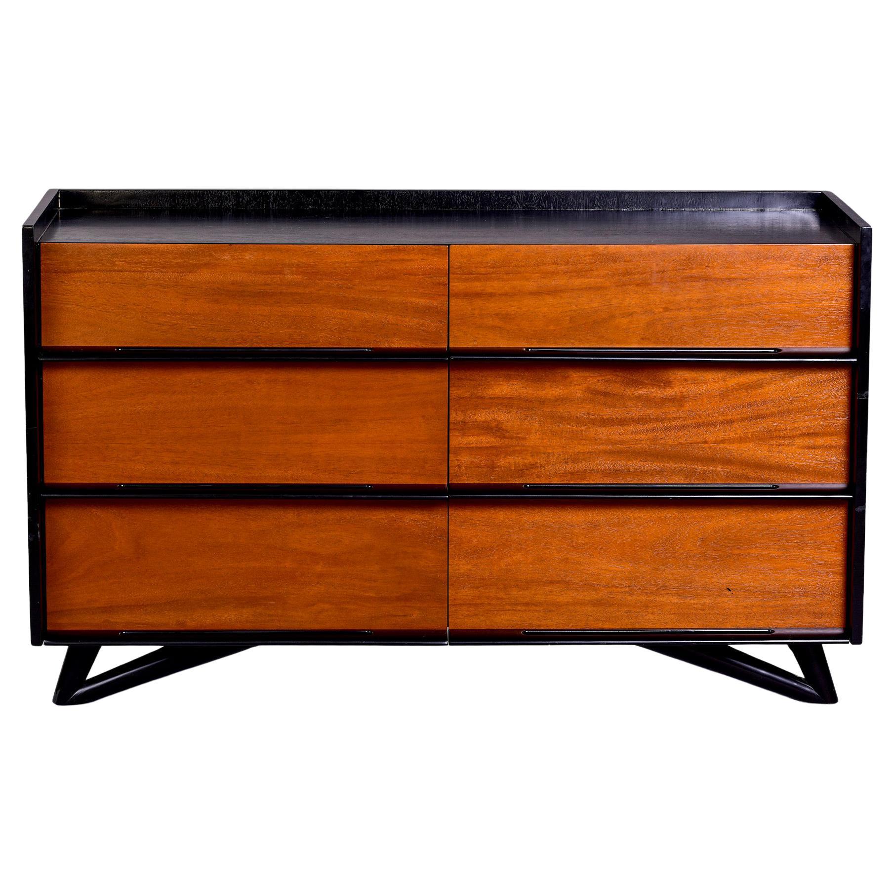 Mid Century Black Lacquer and Wood Chest of Drawers