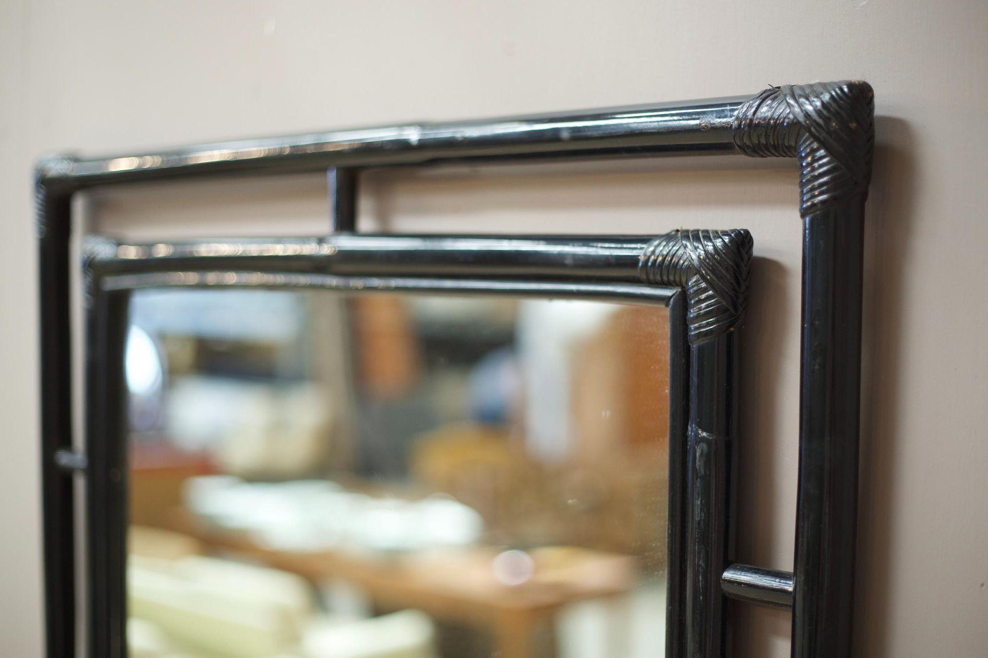 Midcentury Black Lacquer Bamboo Mirror 2