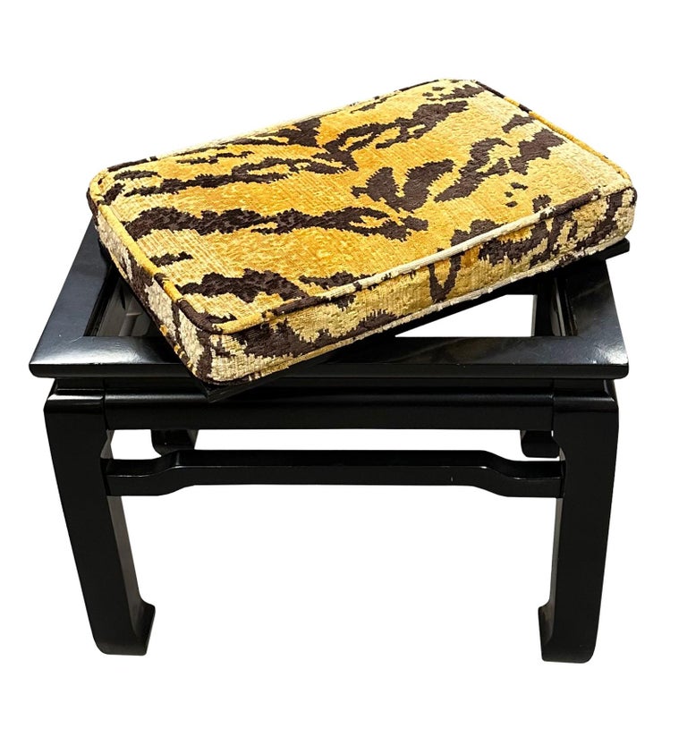 Midcentury Black Lacquer Bench with Tiger Upholstery For Sale at 1stDibs