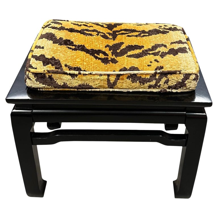 Midcentury Black Lacquer Bench with Tiger Upholstery For Sale at 1stDibs