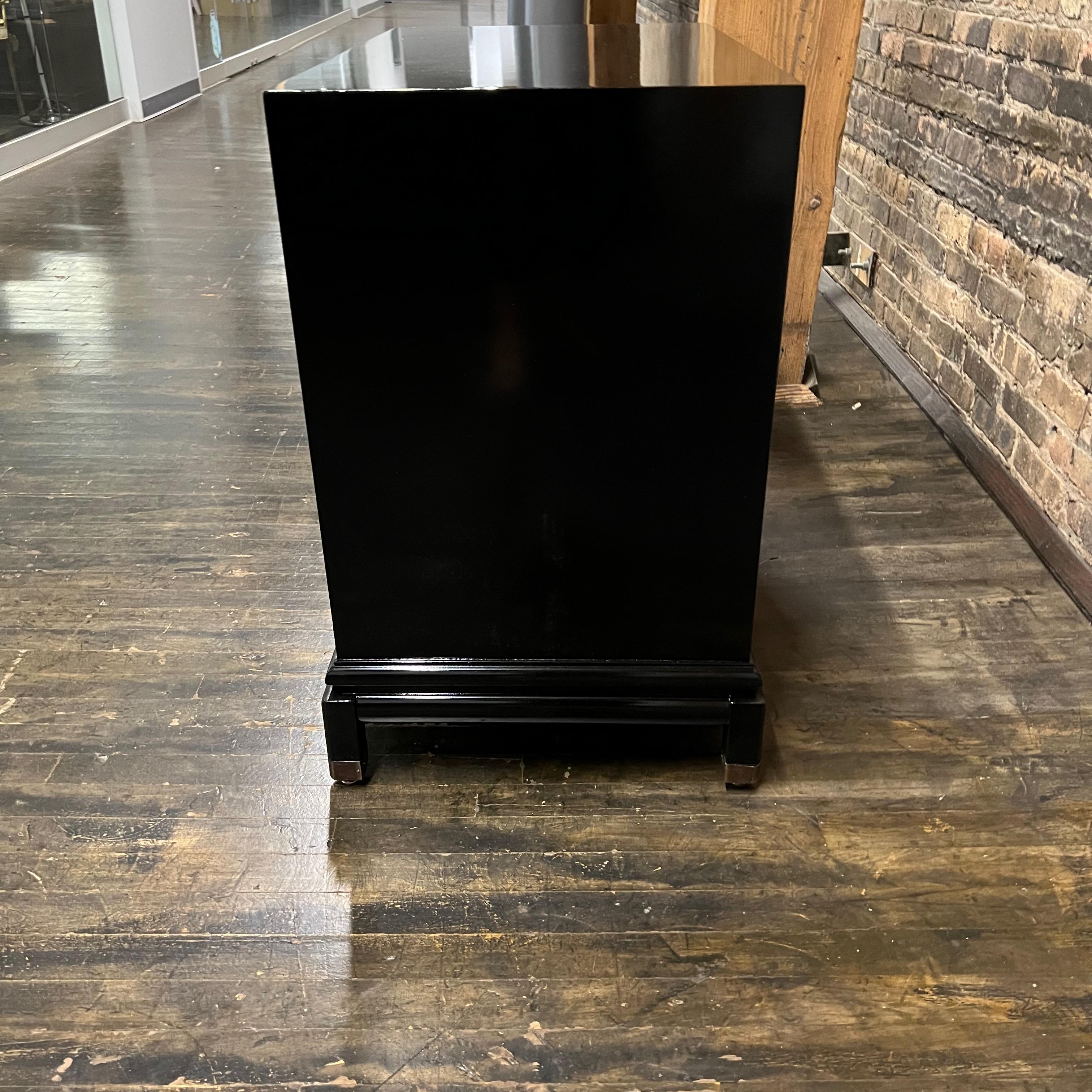 Chinoiserie Mid-Century Black Lacquer Cabinet with Gilded Painted Doors