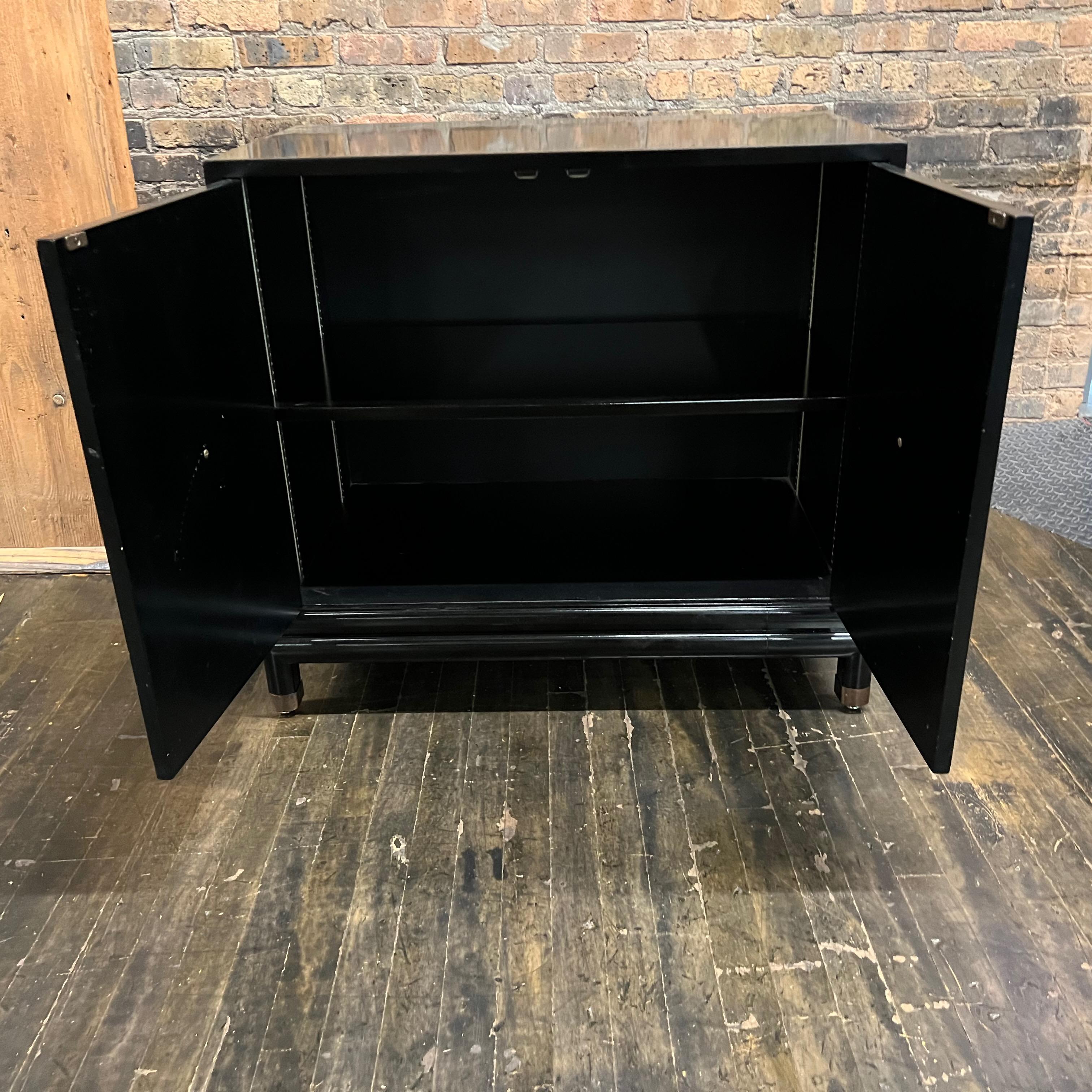 Wood Mid-Century Black Lacquer Cabinet with Gilded Painted Doors