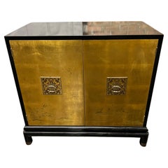 Mid-Century Black Lacquer Cabinet with Gilded Painted Doors