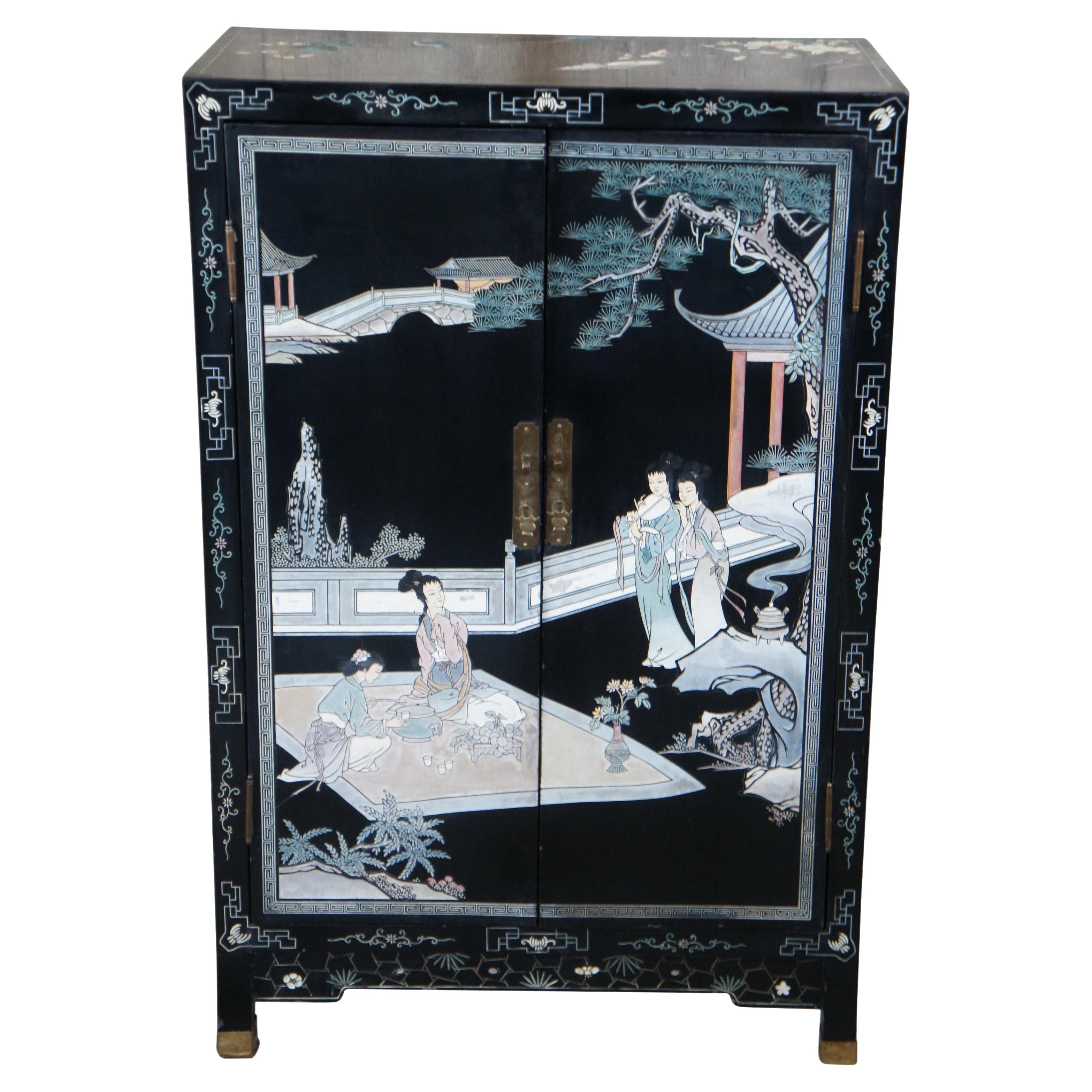 Mid Century Black Lacquer Chinese Chinoiserie Bar Cabinet Pagoda Geishas
