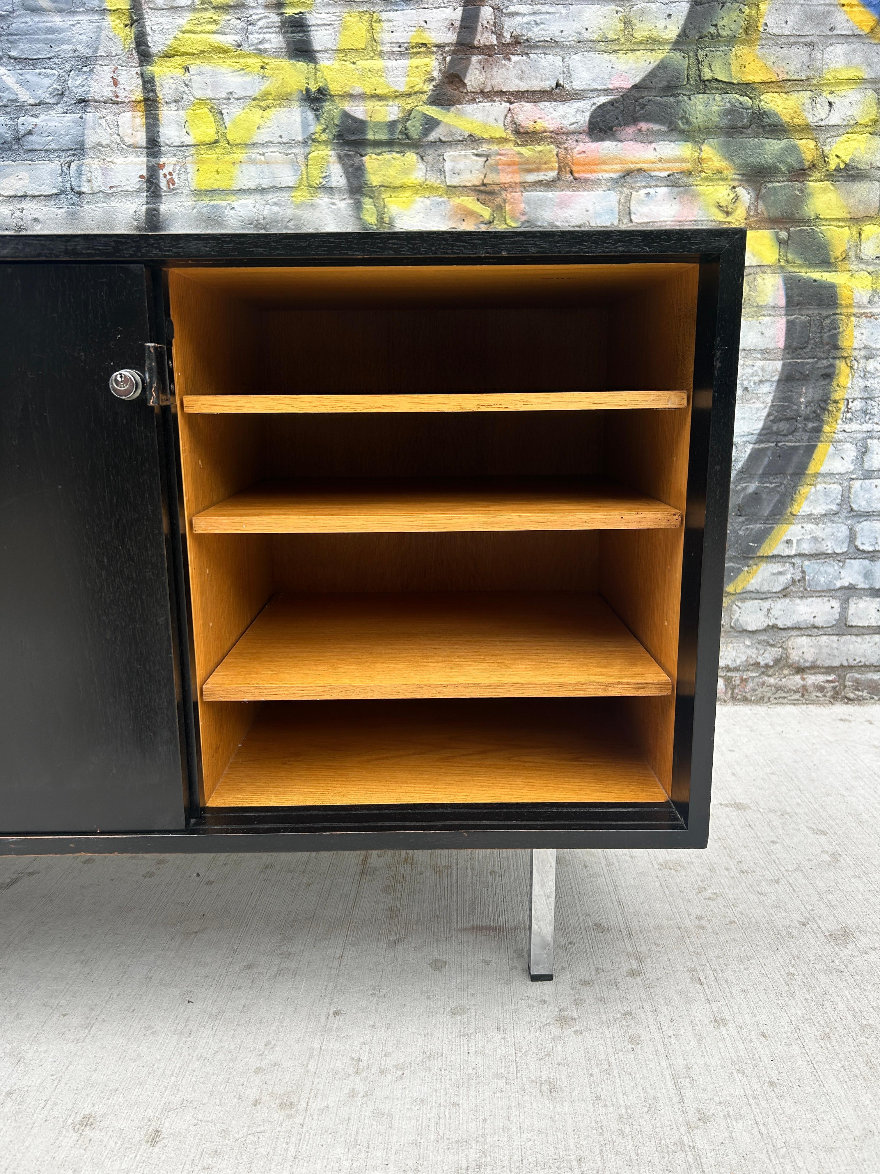 Mid century Black Lacquer Florence Knoll office Cabinet Credenza leather pulls 2