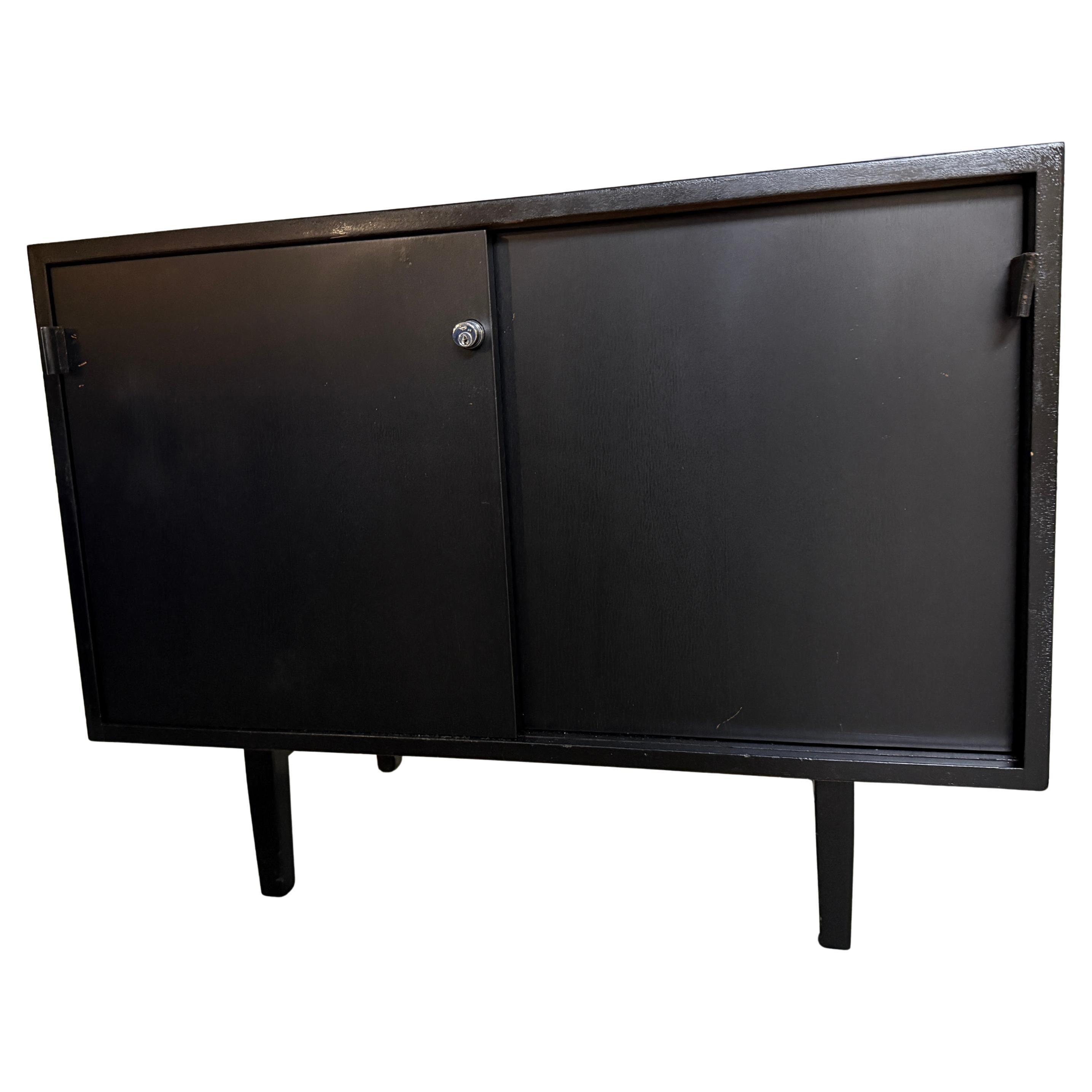 Mid-Century Modern Mid century Black Lacquer Florence Knoll office Cabinet Credenza leather pulls