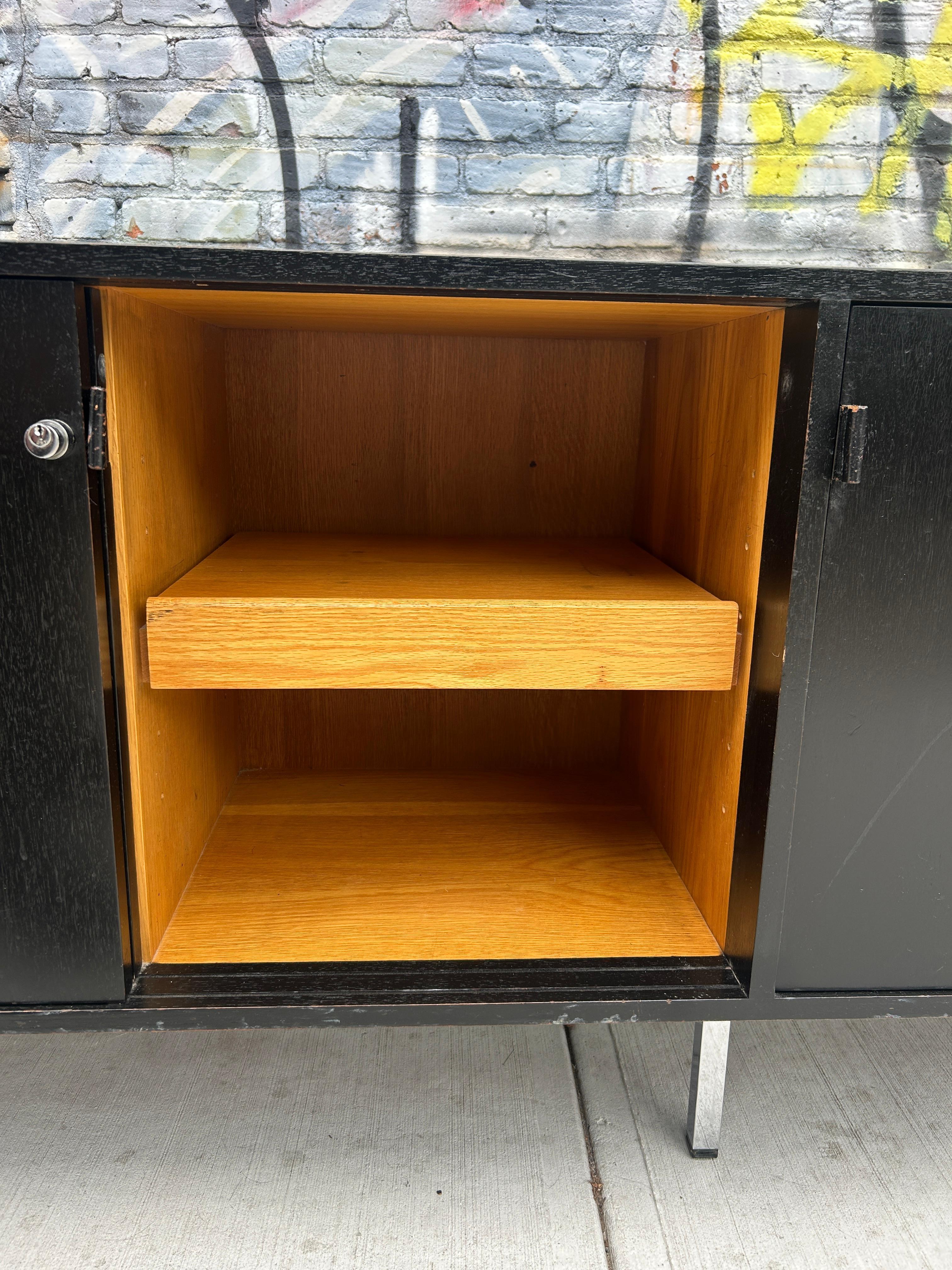 20th Century Mid century Black Lacquer Florence Knoll office Cabinet Credenza leather pulls