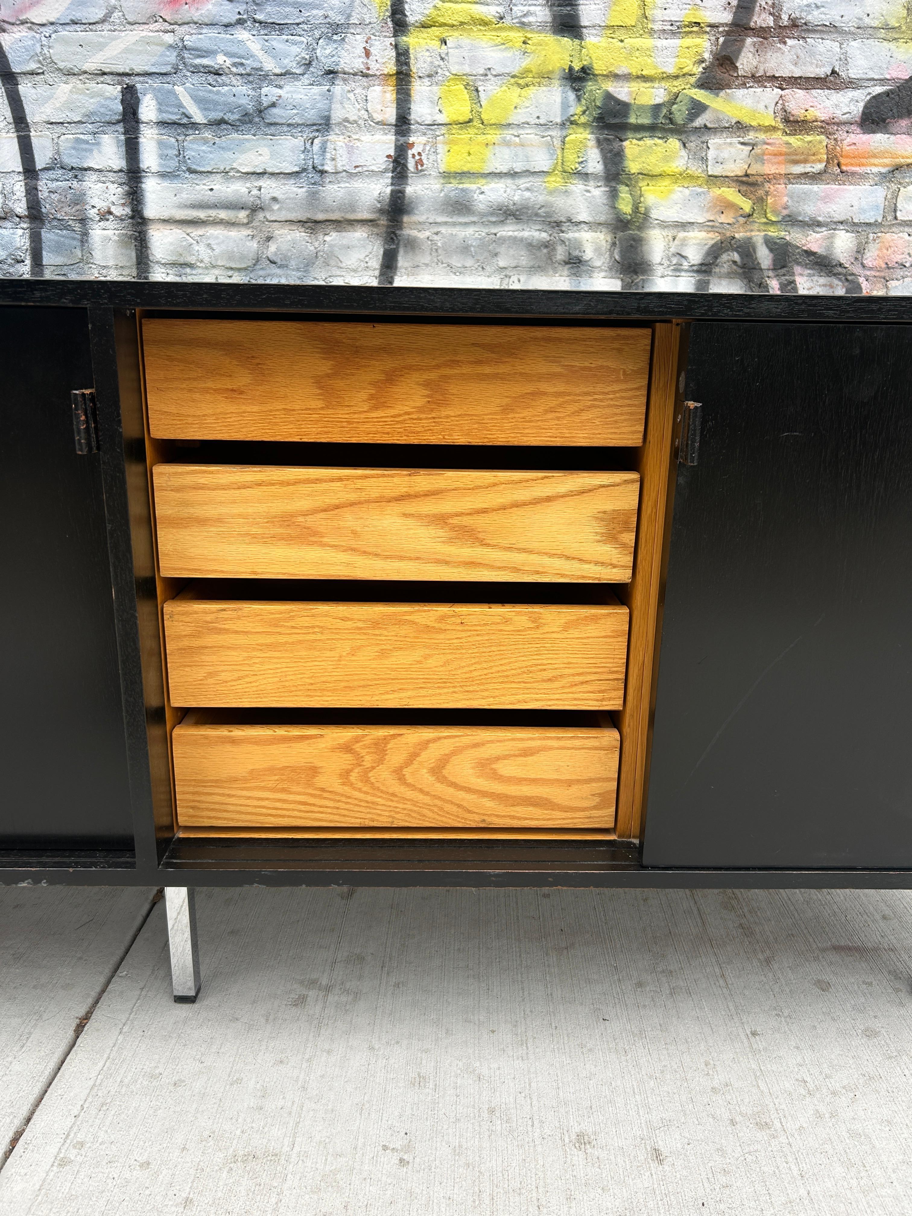 Leather Mid century Black Lacquer Florence Knoll office Cabinet Credenza leather pulls