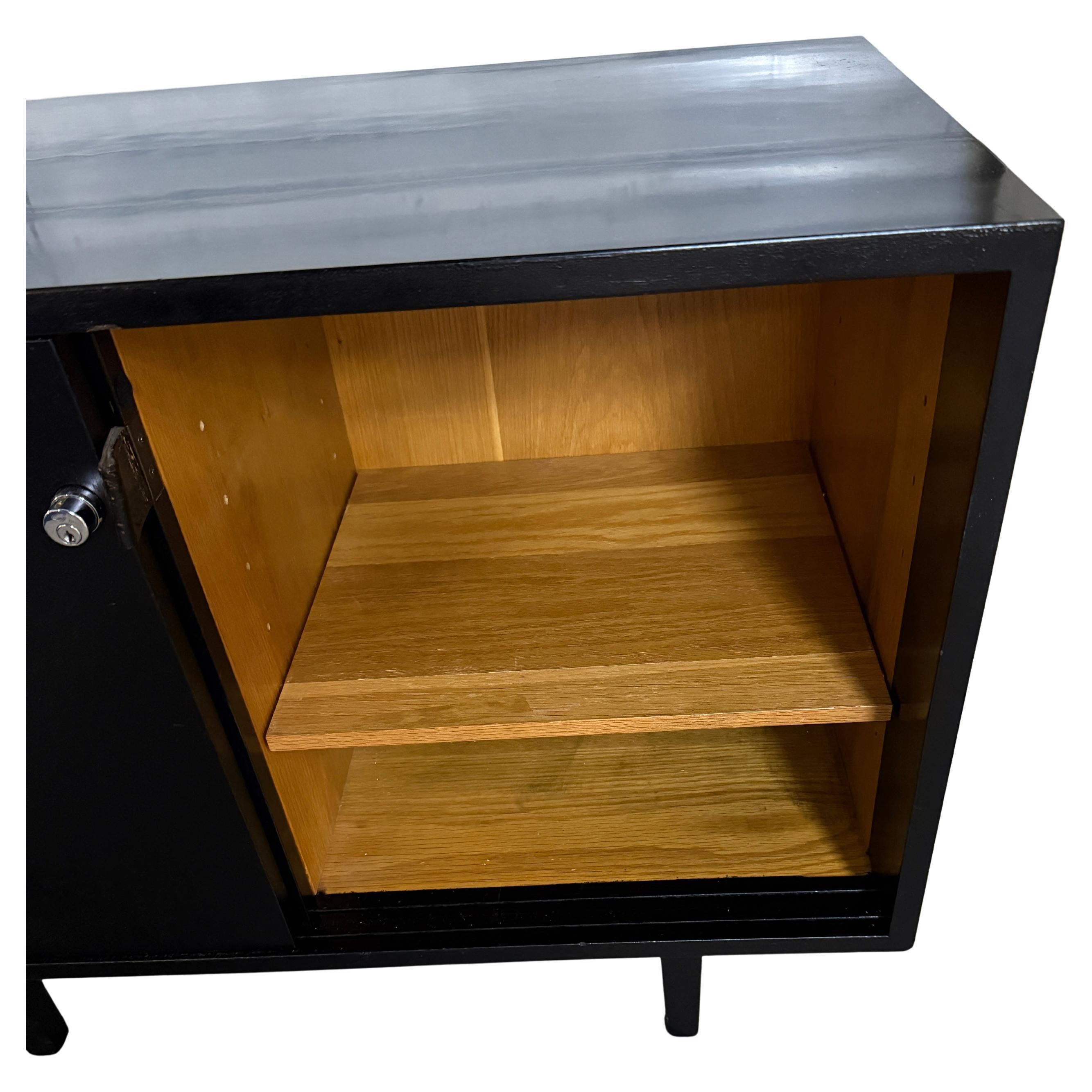 Cuir Mid century Black Lacquer Florence Knoll office Cabinet Credenza leather pulls