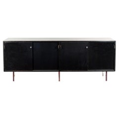 Mid century Black Lacquer Florence Knoll office Cabinet Credenza leather pulls