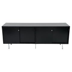 Vintage Mid century Black Lacquer Florence Knoll office Cabinet Credenza leather pulls