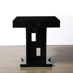 Mid-Century Black Lacquer Geometric Cutout Occasional Table by James Mont