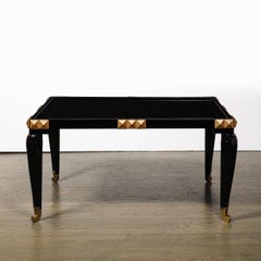 Mid-Century Black Lacquer, Gilt-Wood, & Brass Cocktail Table w/ Vitrolite Top