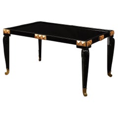 Mid-Century Black Lacquer, Gilt-Wood, & Brass Cocktail Table w/ Vitrolite Top