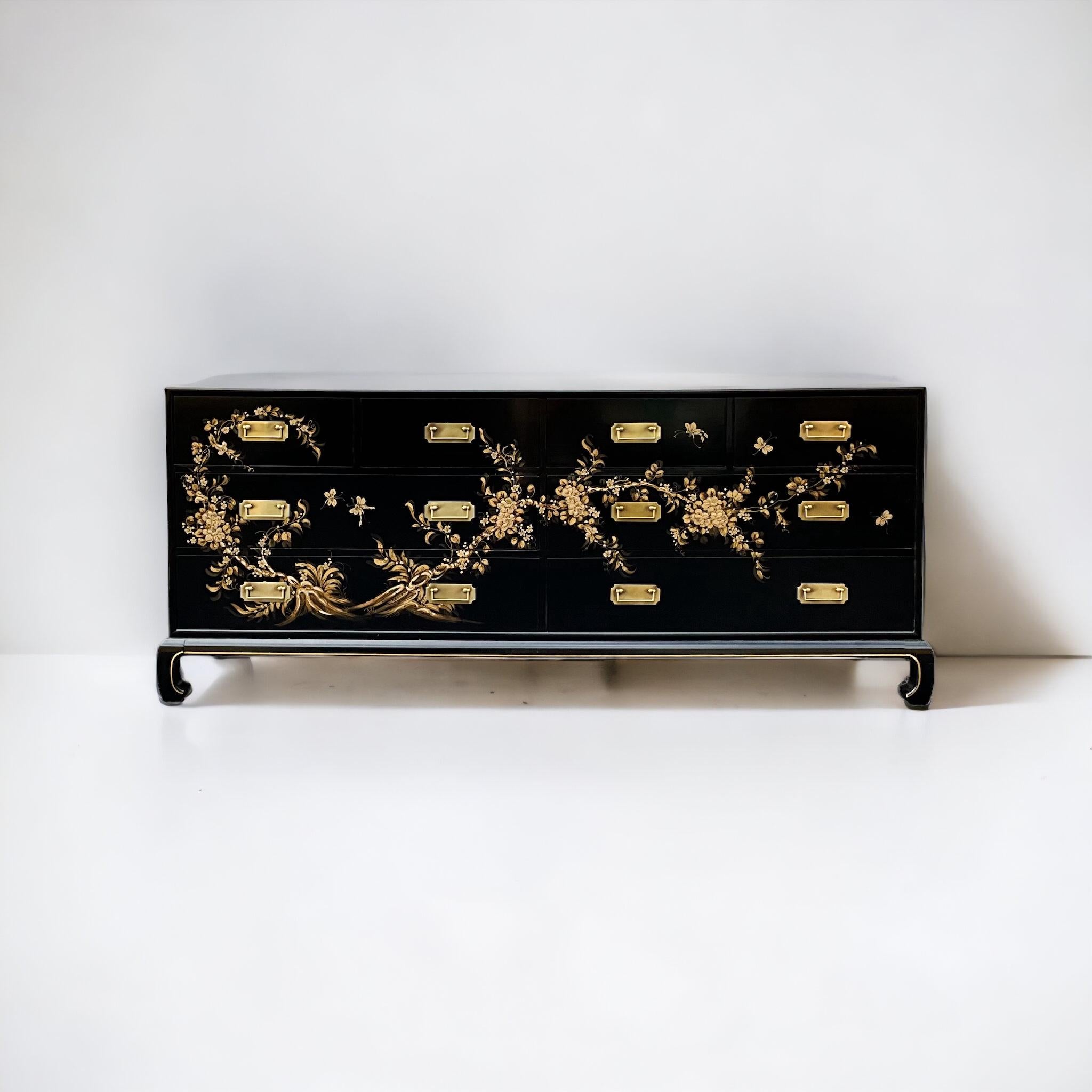 Mid-Century Black Lacquer Modern Campaign Style Chinoiserie Credenza / Chest  For Sale 2