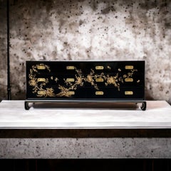 Mid-Century Black Lacquer Modern Campaign Style Chinoiserie Credenza / Chest