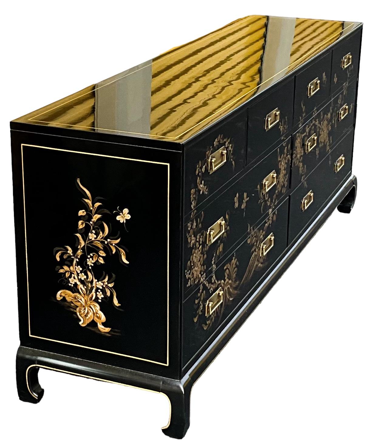 American Mid-Century Black Lacquer Modern Campaign Style Chinoiserie Credenza / Chest  For Sale