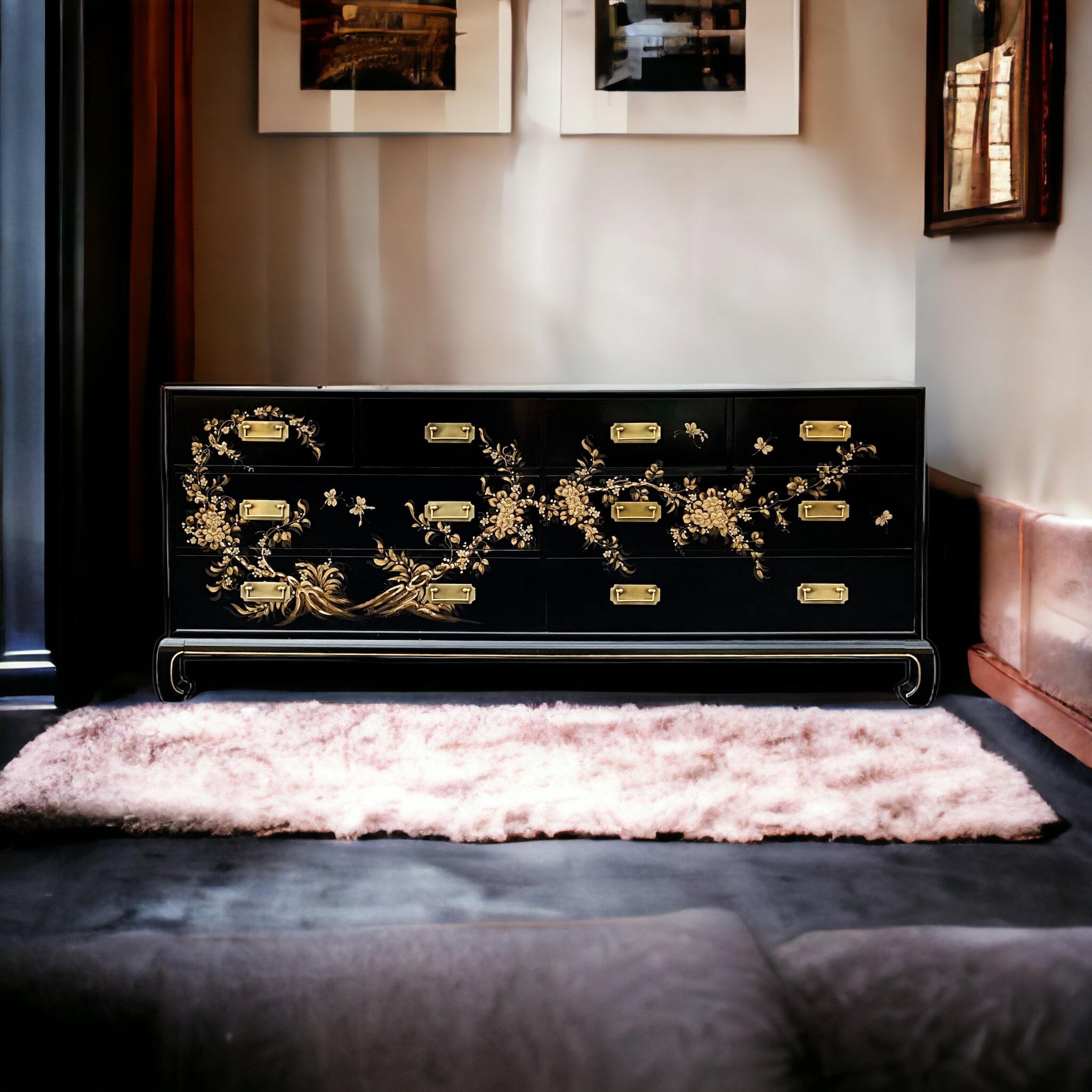 Brass Mid-Century Black Lacquer Modern Campaign Style Chinoiserie Credenza / Chest  For Sale