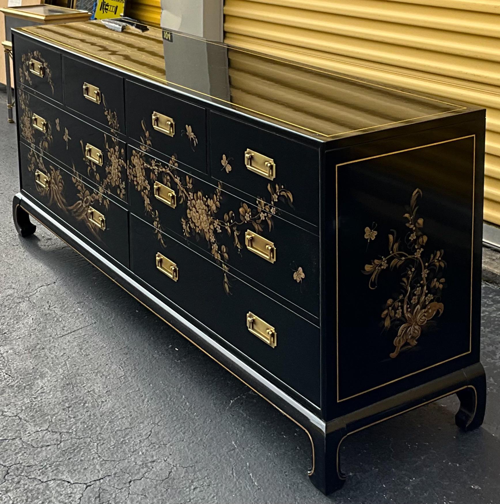 Mid-Century Black Lacquer Modern Campaign Style Chinoiserie Credenza / Chest  For Sale 1