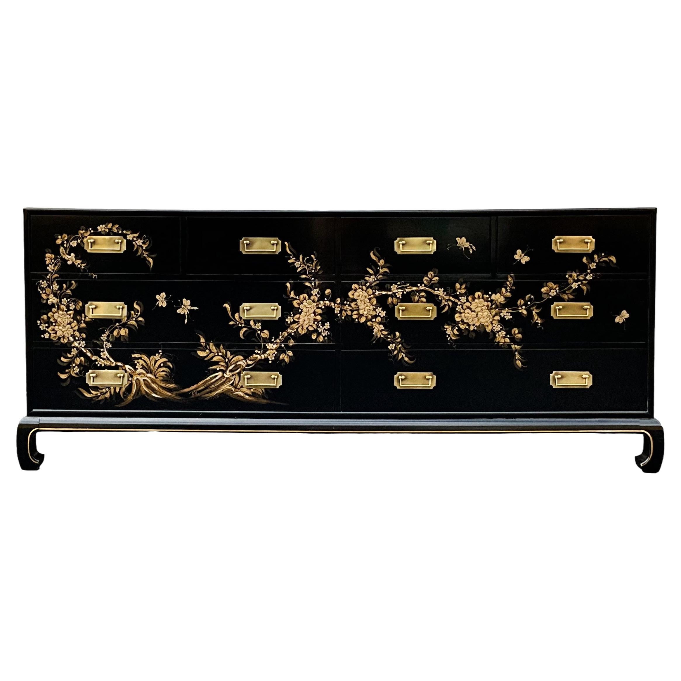 Mid-Century Black Lacquer Modern Campaign Style Chinoiserie Credenza / Chest  For Sale