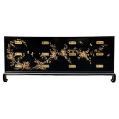 Vintage Mid-Century Black Lacquer Modern Campaign Style Chinoiserie Credenza / Chest 