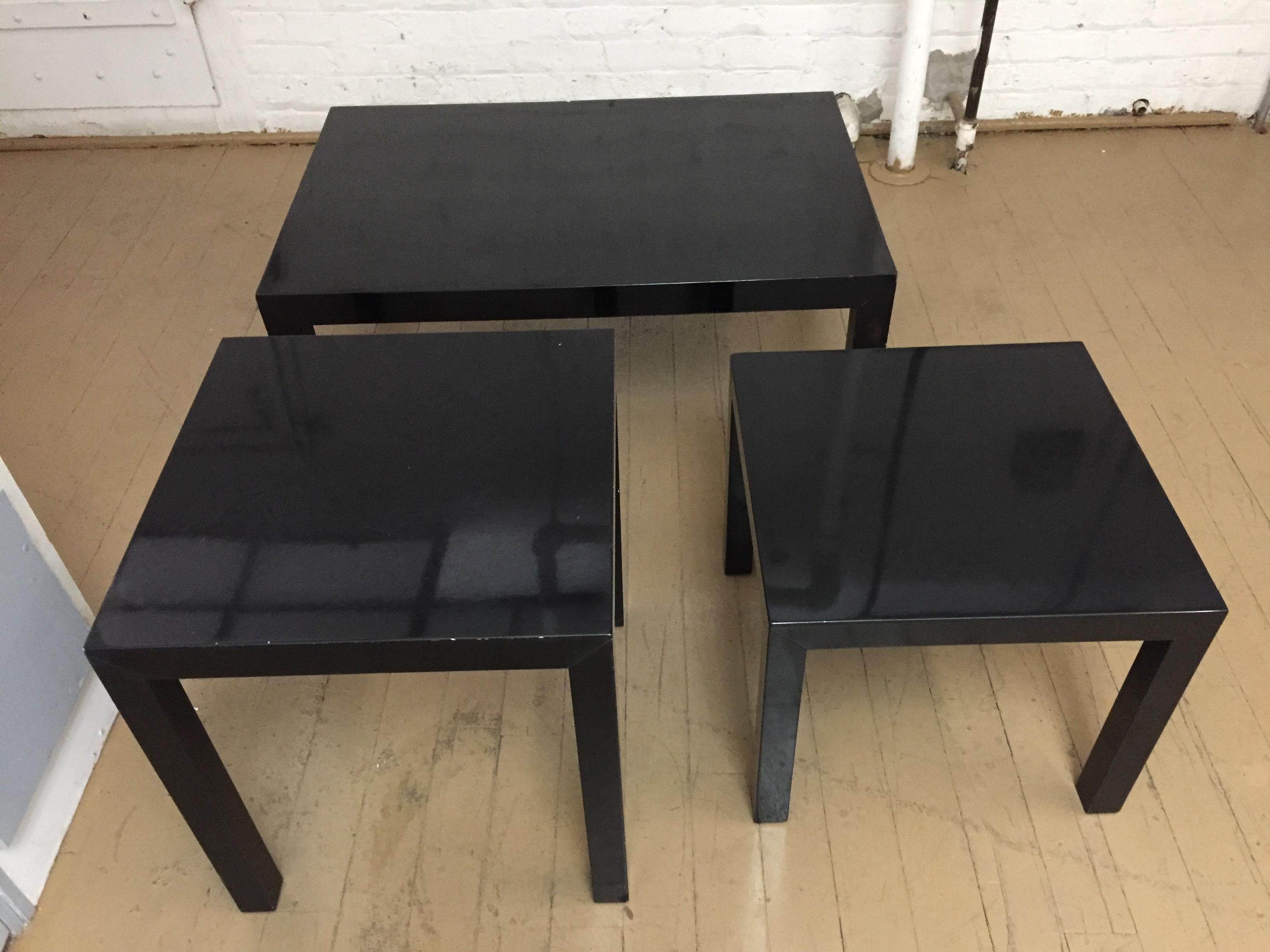 Mid-century modern black lacquer tables / set of three
Three available - and priced as a set
1970's mod at its best
Sizes these iconic 1960s black lacquer tables are from our childhood home
They were used every where - and added function as well as